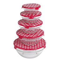 Set Of 5 Glass Storage Jars With Red Spotty Lids