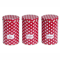 Set Of 3 Retro red Spotty Storage kitchen Tins- Tea, Coffee And Sugar