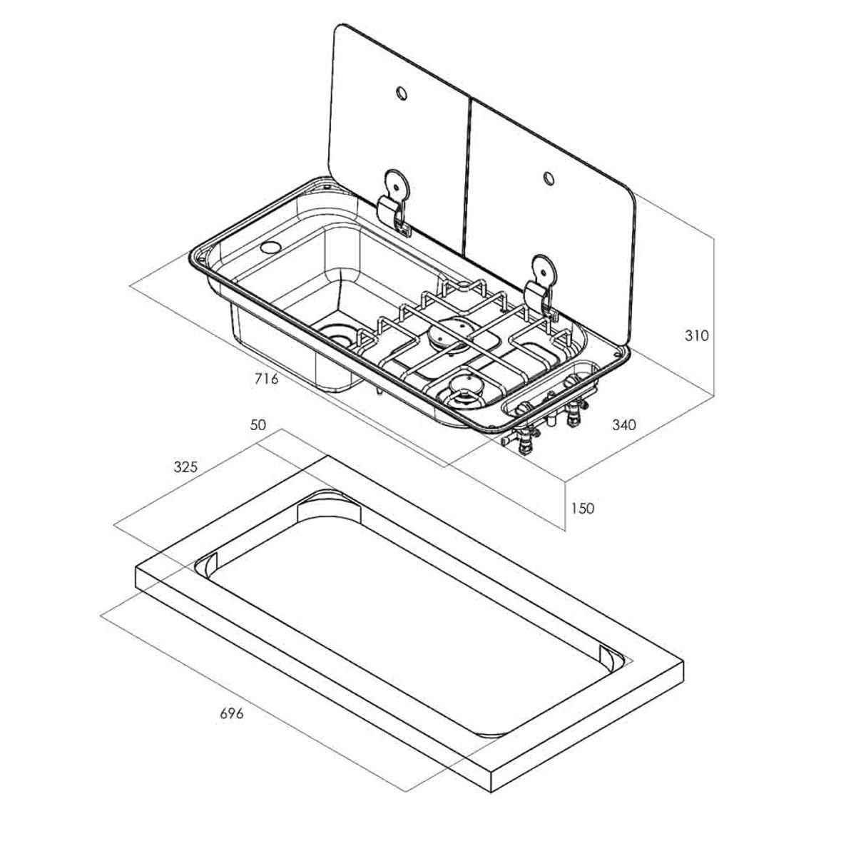 CAN Randi Hob & LH Sink 716 x 340mm (Double Glass Lid / 2 Burners / Piezo) Can Sinks Hobs and