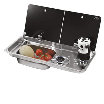 CAN Randi Hob ~~~ LH Sink Unit 765 x 355mm (Double Glass Lid / 2 Burners / Piezo)