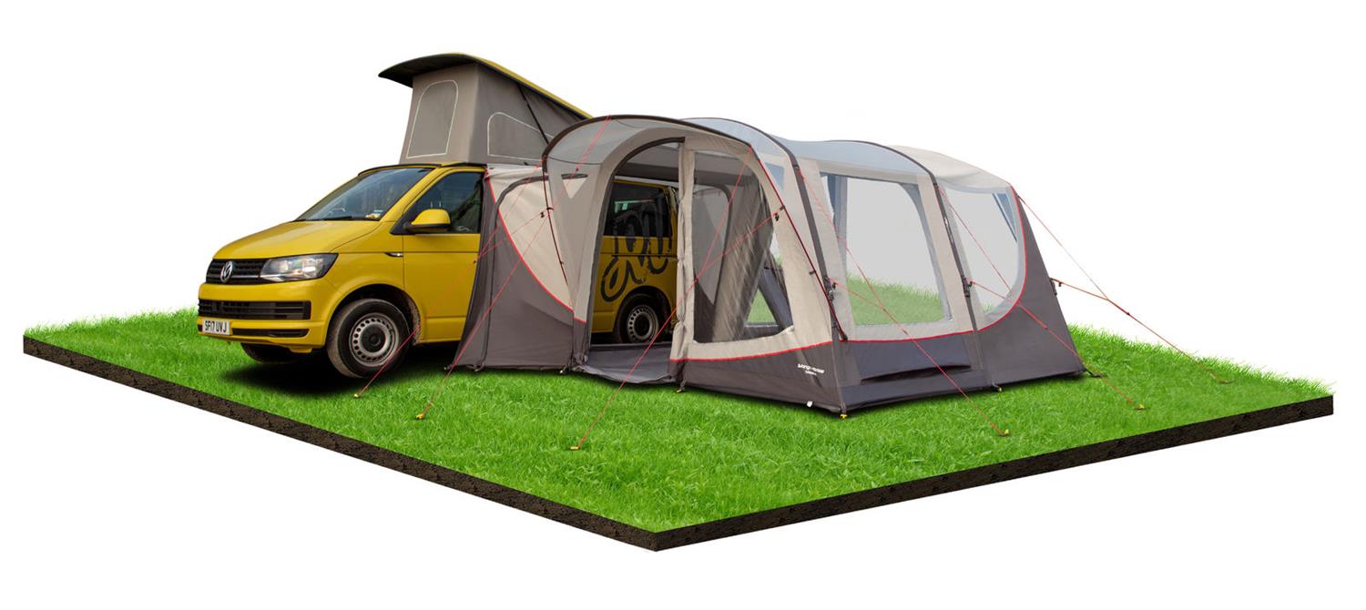 Relax and watch the hours go by in the Vango Magra shadow grey VW driveaway awning.