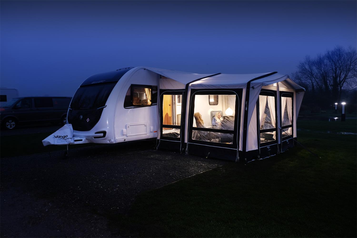 Vango's tuscany Caravan Awninglit up by SunBeam flexi light.