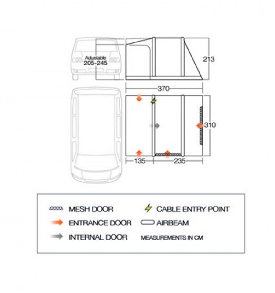 Vango Kela V Standard vehicle Awning Dimensions