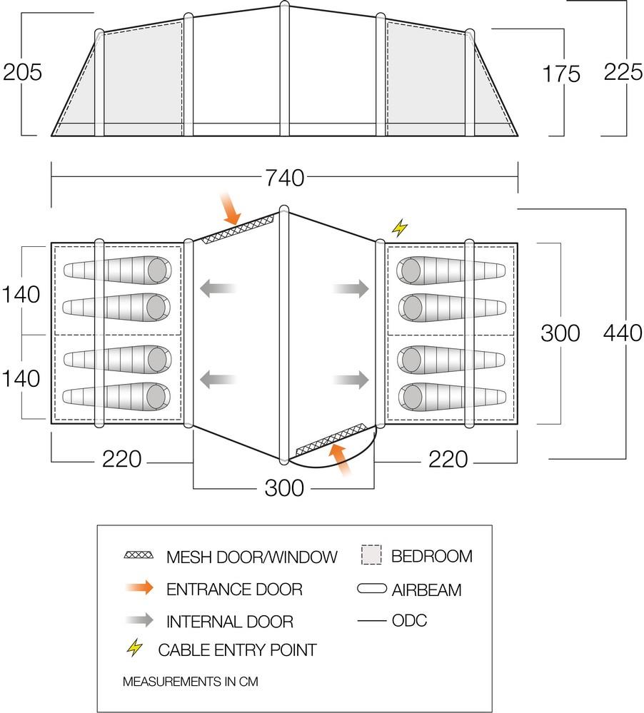 Vango Vesta Air 850XL Family Tent Dimensions