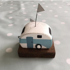 Shoeless Joe Vintage wooden caravan (light blue stripe)
