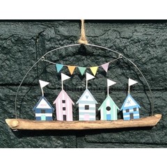 Shoeless joe blue beach huts on driftwood- wall hanging