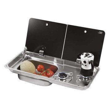 CAN Randi Hob & LH Sink Unit 765 x 355mm (Double Glass Lid / 2 Burners / Piezo)
