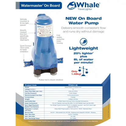 Pompe à Eau Fraîche Whale 12V - Débit 8 L/min - 2 Bars - Pour Camping-car, Bateau - 9