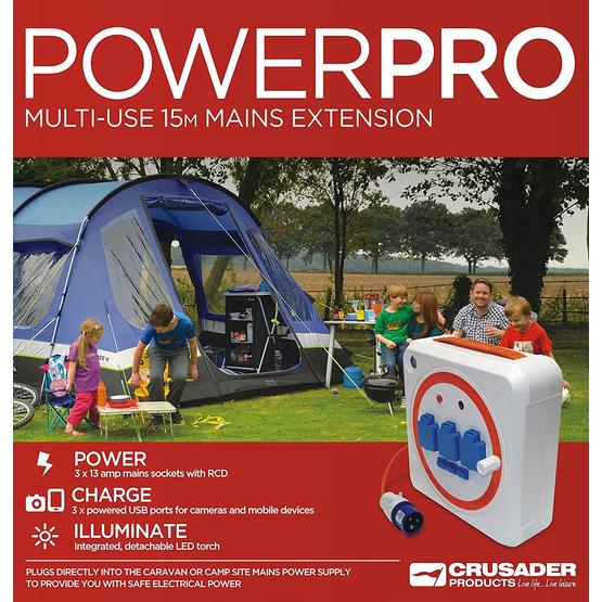 Crusader Powerpro MultiUse 15m Extension Mobile Mains Reel Hook Up