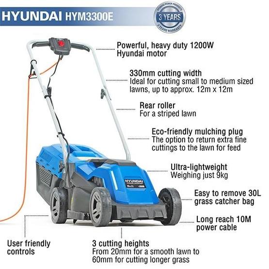 Hyundai HYM3300E Electric 1200W / 230V 33cm Rotary Rear Roller Lawnmower image 7