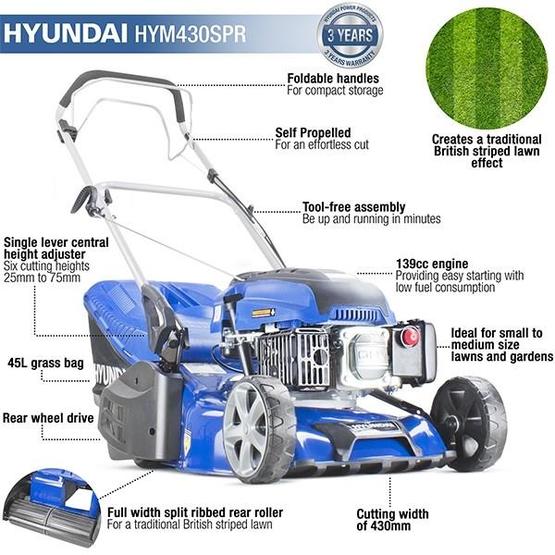 Hyundai HYM430SPR Self Propelled 17" 139cc Petrol Roller Lawn Mower image 16