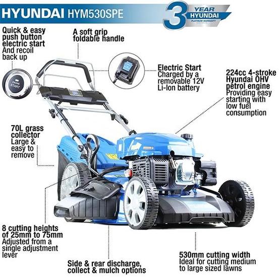 Hyundai HYM530SPE Self-Propelled Petrol Lawn Mower, (rear wheel drive), 21”/530mm Cut Width, Electric (push button) Start With Pull-Cord Back -Up image 22
