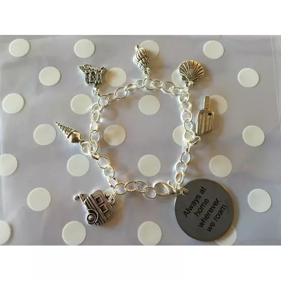 Beautiful 'Always at home wherever we roam' charm bracelet decorated with shells, caravan, lollies, sand castle, and ice cream charms perfect gift image 1