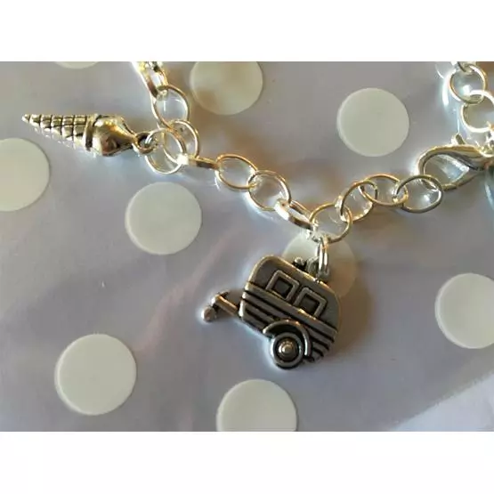 Beautiful 'Always at home wherever we roam' charm bracelet decorated with shells, caravan, lollies, sand castle, and ice cream charms perfect gift image 4