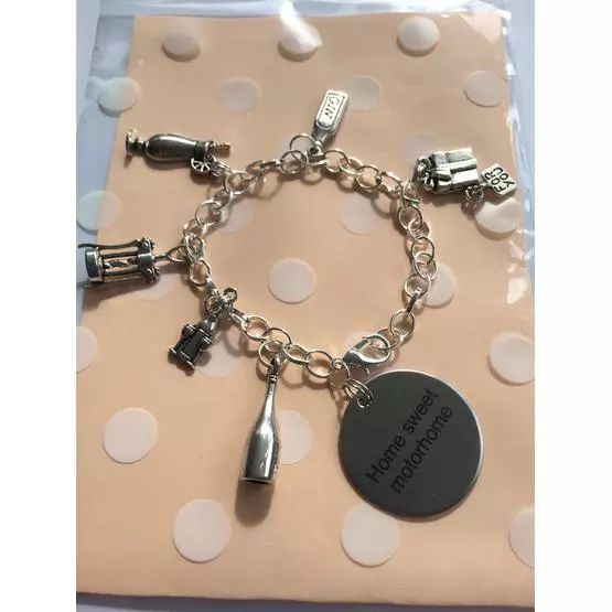 'home sweet motorhome' charm bracelet with wine bottle, wine glasses, gin bottle, cocktail, bottle opener and present charms Great gift image 1