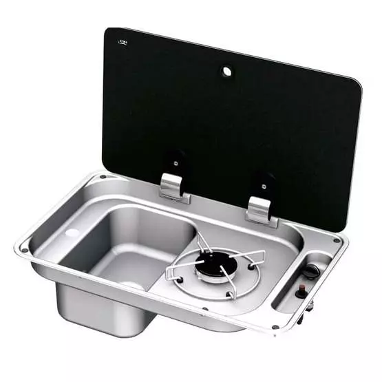 CAN 1 Burner Sink Combi Unit c/w Glass Lid & Piezo Ign (Left Handed) image 1