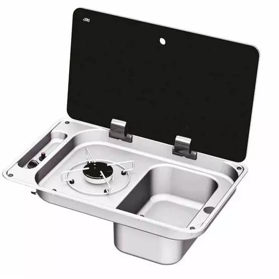 CAN 1 Burner Sink Combi Unit c/w Glass Lid & Piezo Ign (Right Handed) image 1