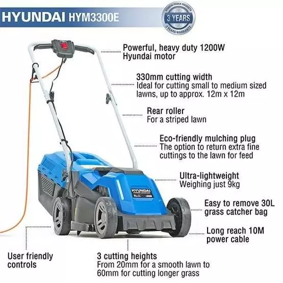 Hyundai HYM3300E Electric 1200W / 230V 33cm Rotary Rear Roller Lawnmower image 7