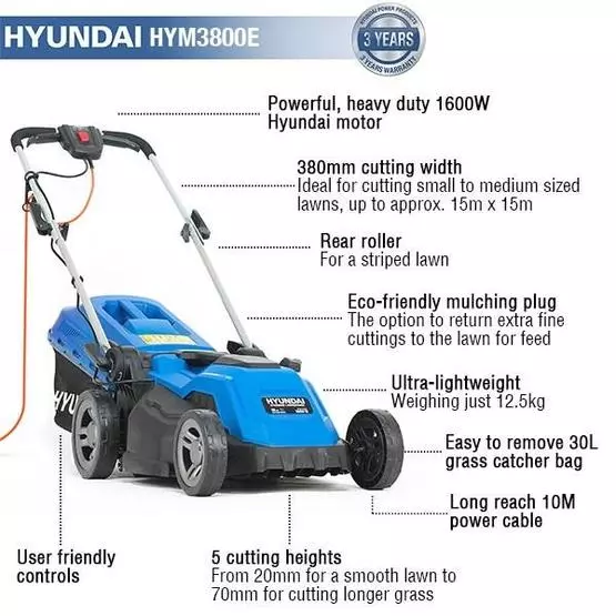 Hyundai HYM3800E Electric 1600W / 230V 38cm Rotary Rear Roller Lawnmower image 4