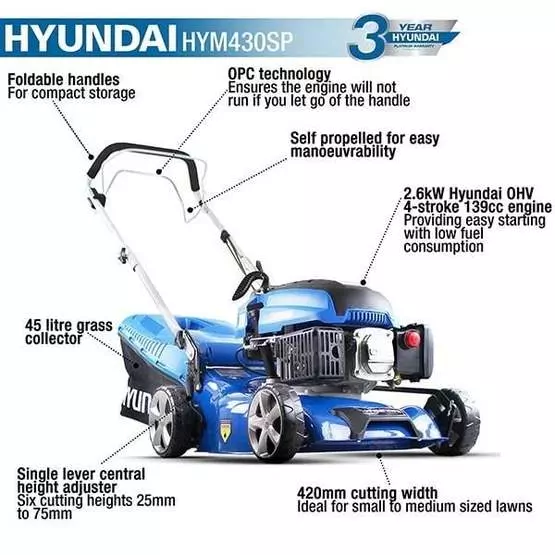 Hyundai HYM430SP Self Propelled 17" 139cc Petrol Lawn Mower Lightweight Lawnmower image 24