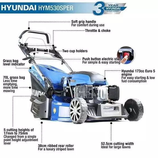Hyundai HYM530SPER 21" 525mm Self Propelled Electric Start 173cc Petrol Roller Lawn Mower image 23
