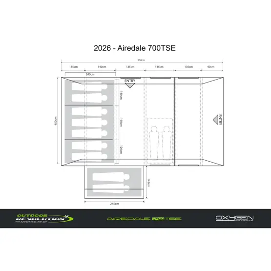 Outdoor Revolution Airedale 700 TSE Air - 9 Man Tent dimensions